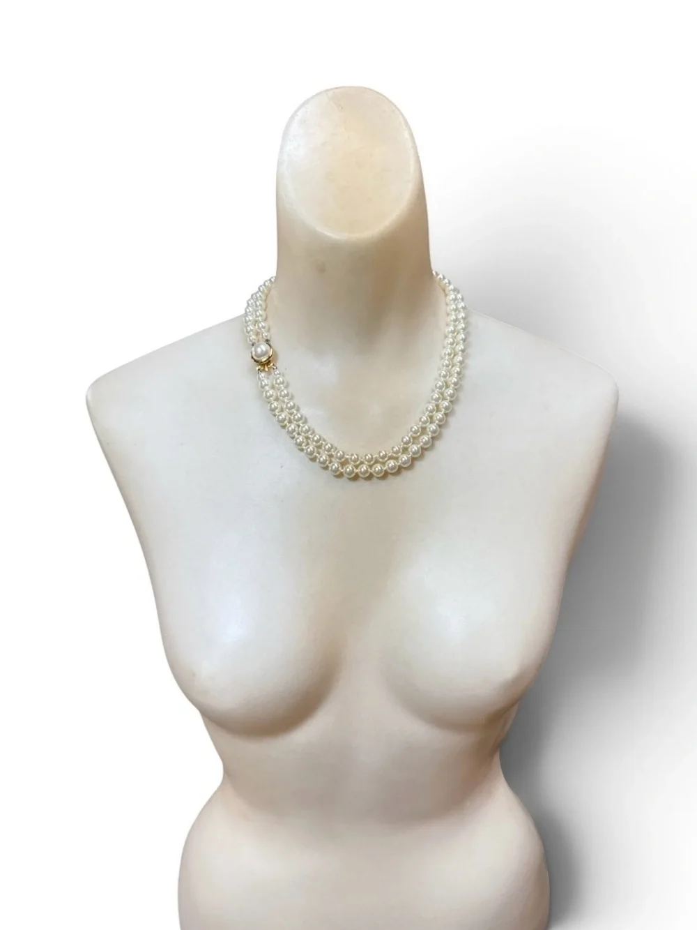Vintage Double Strand Warm Cream Glass Shell Imitation Pearl Necklace 19”
